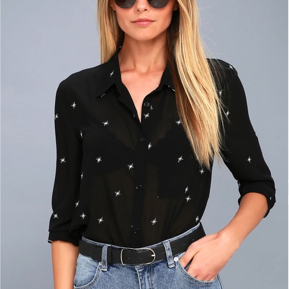Lulus Tops - Lulu's Black Button Down Shirt with White Star Accents